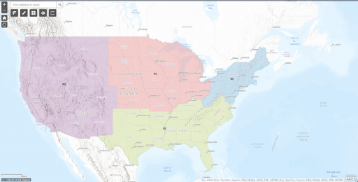 US Map, color coded by regions defined by USDA